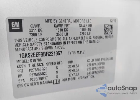 2011 GMC Yukon Denali из США, поврежденный, VIN 1GKS2EEF9BR221967